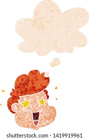 cartoon boy's face with thought bubble in grunge distressed retro textured style