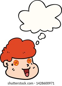 cara de niño de caricatura con burbuja de pensamiento