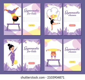 Cartoon boys and girls acrobatics: handstand,cartwheel,artistic posture and dancing with ribbon. Kids gymnastic classes booklet vector template. Vertical banner with advertising of gymnastics lessons