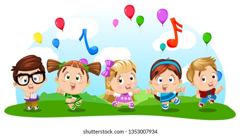 Cartoon Boys And Girls Dancing, Waving Hands, Jumping, Doing Aerobics, Moving The Body, Enjoying The Rhythm On Meadow. Nature Background With Smiling Kids, Grass, Bushes, Clouds, Colorful Balloon.