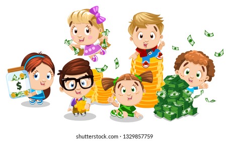 Cartoon Boys, Girls Hold Money Jar With Dollar, Piggy Bank, Sit, Jump Near Coins, Banknotes. Concept Of Commercial Education, Financial Literacy. Children Study Putting Money Away, Do Shopping.