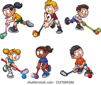 Cartoon boys and girls playing floorball clip art. Vector illustration with simple gradients. Each on a separate layer. 

