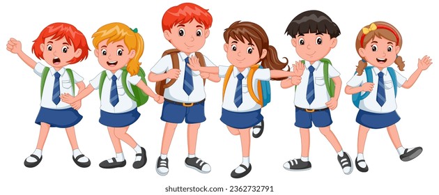 Cartoon boys and girls in school uniform. Vector illustration