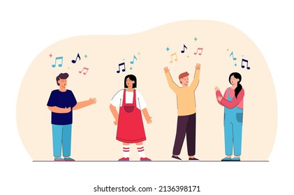 Cartoon Boys And Girls Singing In Church Choir Or Karaoke. Group Of Kids Performing Songs, Activities For Children Flat Vector Illustration. Performance, Friendship, Music Concept For Website Design