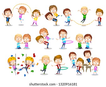 Cartoon boys and girls spending active time together. Cheerful children enjoying childhood moments vector illustration. Fun concept. Isolated on white background