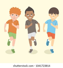 Cartoon Boys Happy Running. Children Are Playing, Student