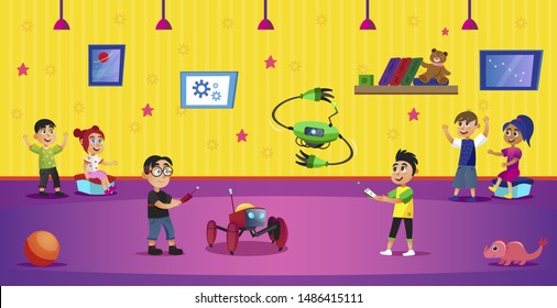 Cartoon Boys Hold Remote Control Of Robot Toy Vector Illustration. Kid Robotics Engineering, Programming, Invention. Flying Machine Construction. Cyborg Fight. Children Hobby Science Project