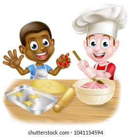 Cartoon boys, one black one white, dressed as chefs or bakers baking cakes and cookies