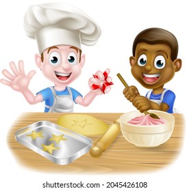 Cartoon boys, one black one white, dressed as chefs or bakers baking cakes and cookies