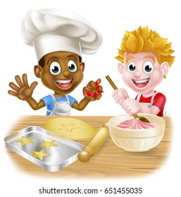 Cartoon boys, one black one white, dressed as chefs or bakers baking cakes and cookies