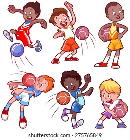 Cartoon boys playing dodgeball. Vector clip art illustration on a white background.