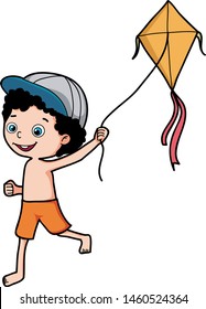 cartoon boys playing kites on the beach