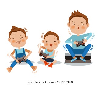 Cartoon boys playing video games together. Vector illustration.