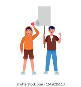 cartoon boys protestating with blank placard and megaphone over white background, colorful design, vector illustration