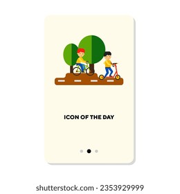 Cartoon boys riding bicycles on road flat icon. Vertical sign or vector illustration of summer activity element. Recreation, outdoor activity, nature, leisure concept for web design and apps