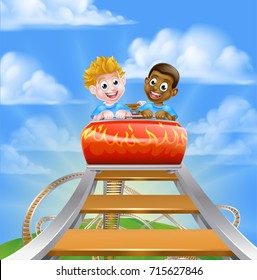 Cartoon boys riding on a roller coaster ride at a theme park or amusement park