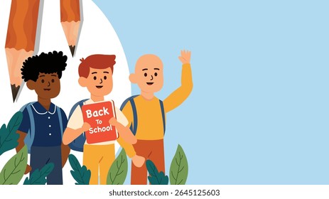 Cartoon boys standing outdoors with giant pencils and blue sky background
