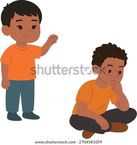 Cartoon Boys Talking and Thinking, A boy with arm up speaks to a thinking boy. One boy is sitting while the other is standing.
