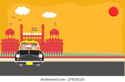 Cartoon Boys in Taxi in front of Red Fort