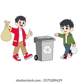 Cartoon Boys Throwing Trash Into Rubbish Bin Vector Illustration