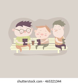 Cartoon boys using smartphones for playing games