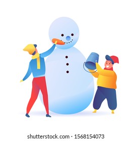 Cartoon boyskids making snowman holding carrot and bucket. Cheerful children playing outdoors in winter. Vector funny young characters having fun during christmas, new year vacation.