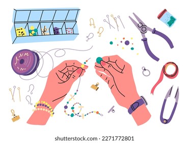 Cartoon Bracelet Made Hands Concept Color Different Elements Jewelry Making Tools Set Flat Design Style. Vector illustration