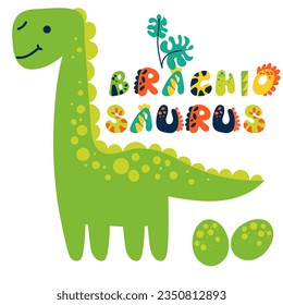 Un brachiosaurio de dibujos animados con una vista firmada. Cute la brillante ilustración de los niños sobre un fondo blanco para imprimir en postales. Letra dino y elementos del trópico