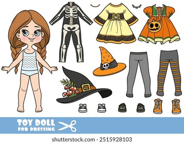 Cartoon braided girl and   Halloween witch costume and skeleton suit. Bonus handbag that matches the dresses. Image produced without the use of any form of AI software at any stage.