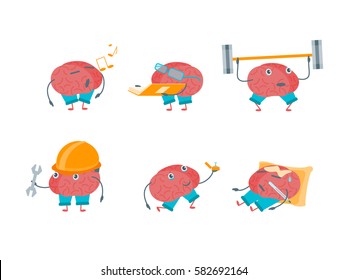 Cartoon Brain Activities Set Exercise Education for Intellect Flat Design Style Element Web. Vector illustration