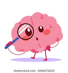 Cartoon of a brain character actively searching for something. Drawing for memory, study or exploration concepts