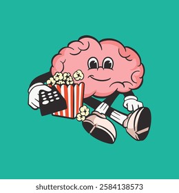 Cartoon brain character enjoying popcorn. Cute brain illustration with popcorn. Fun brain design with snacks. Playful brain art with popcorn bucket. Funky vector illustration.