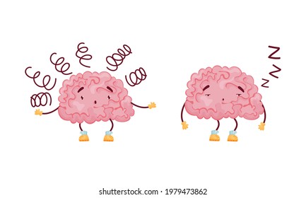 Cartoon Brain Character Feeling Sleepy and Puzzled Vector Set