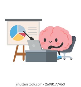 Personaje de cerebro de dibujos animados que da una presentación con computadora portátil y gráfico, que simboliza la inteligencia, los negocios, el aprendizaje y la creatividad.
