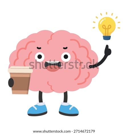 A cartoon brain character holding coffee with a lightbulb idea symbol Ideal for creativity thinking productivity mental health graphics education and smart concepts