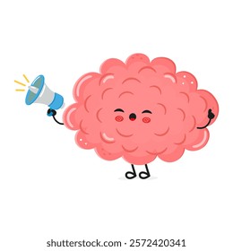Cartoon brain character holding megaphone, white background