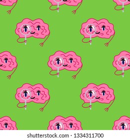 Cartoon brain character isolated vector seamless pattern