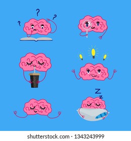 Cartoon brain character isolated vector illustration set