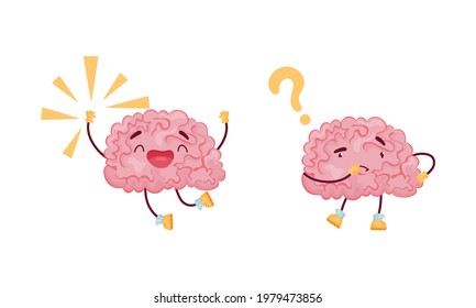 Cartoon Brain Character Jumping with Joy and Thinking Vector Set