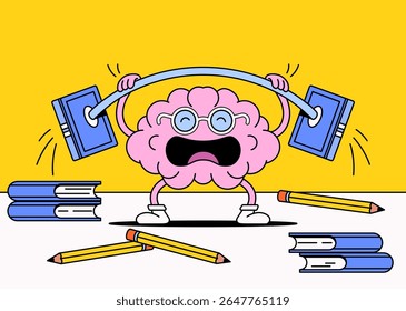 Personagem do cérebro dos desenhos animados levantando livros pesados como barbells em uma pose humorística e expressiva. Cercado por livros e lápis espalhados simboliza esforço mental, estresse, pressão de estudo