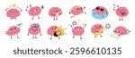 Cartoon brain character. Pink cute mind with feet, hands and smiling funny face, human organ clever mascot, educational symbol, isolated emoji, knowledge emoticon garish vector comic set