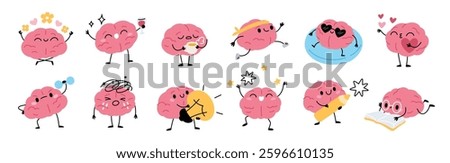 Cartoon brain character. Pink cute mind with feet, hands and smiling funny face, human organ clever mascot, educational symbol, isolated emoji, knowledge emoticon garish vector comic set