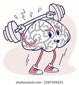 Cartoon brain character powerfully lifting weights.  Perfect for health, fitness, or education projects needing a fun, memorable illustration.  Shows strength, intelligence, and cognitive power.