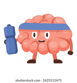 Cartoon brain character promoting mental health and wellness by staying hydrated and exercising
