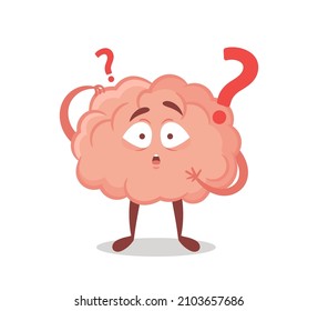 Cartoon Brain Character with Question Mark Isolated on White Background. Concept of Thinking Process, Asking, Faq or Quiz Intellectual Game, Brainstorm Activity, Mind Development. Vector Illustration