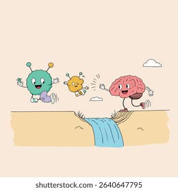 A cartoon brain character is running to meet two cute, colorful alien-like friends across a waterfall in a whimsical landscape.
