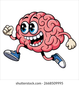 Cartoon brain character running vector illustration. Great for cognitive development, mental health, and creative thinking themed projects.