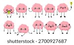 Cartoon Brain character set. Tired, sad, depression, vomiting, burnout human brain concept. Stock vector illustration isolated on white background.