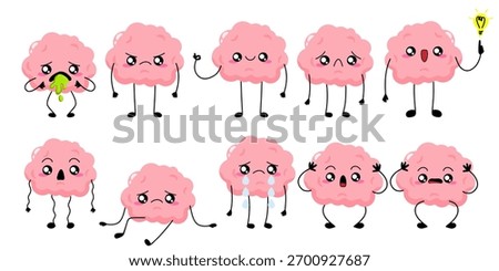 Cartoon Brain character set. Tired, sad, depression, vomiting, burnout human brain concept. Stock vector illustration isolated on white background.
