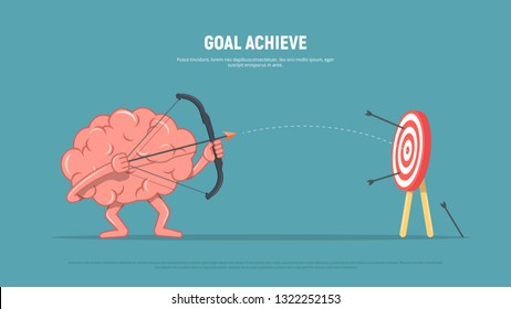 Cartoon brain character shoots or aiming at the target. Business concept goal achieve. Vector illustration in flat style.